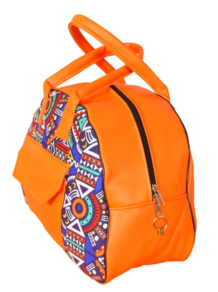 Duffle bag-orange leatherand tribal fabric