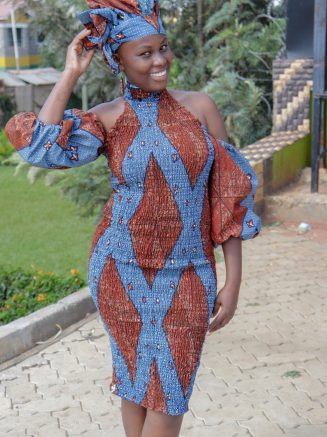 Bodycon Elastic African cocktail Dress, Earrings and Cap Set