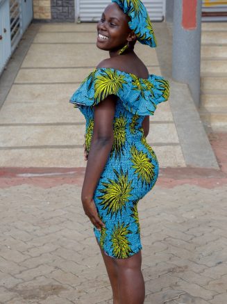 Off-shoulder African Cocktail Dress, Earrings and Cap
