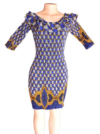 Blue Figure-Hugging, Half-Sleeved Off-Shoulder Dress