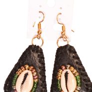 Black Leather Earrings with Cowrie shells and Beads 2