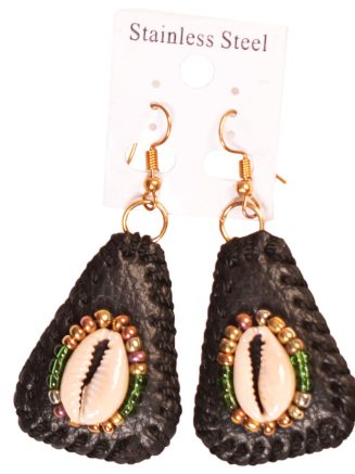 Black Leather Earrings with Cowrie shells and Beads