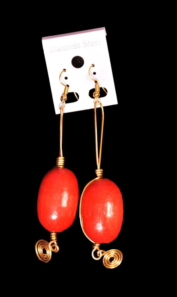 Long Red Earrings with Golden Brass Finishing