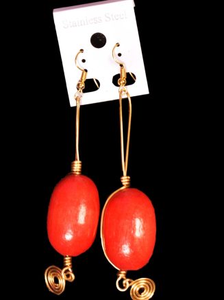 Long Red Earrings with Golden Brass Finishing